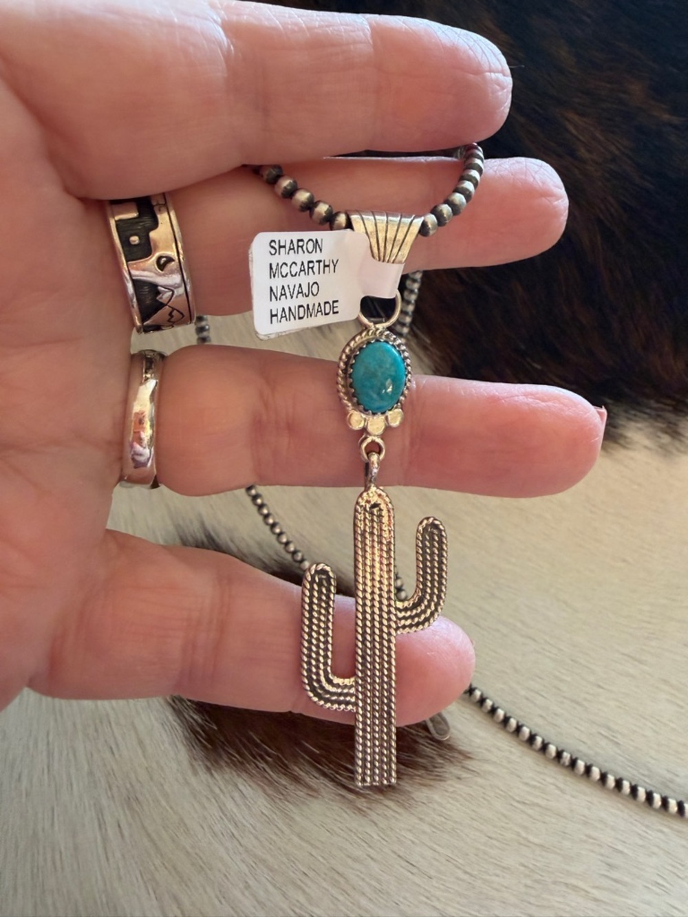 ❤️Signed Navajo Sharon McCarthy Cactus Pendant Kingman Turquoise Sterling Silver